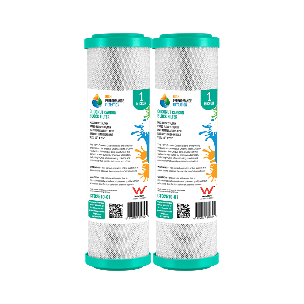 2 x 1 Micron Pure 100% Coconut Carbon Block Water Filter for Chlorine, Taste & Odour | 10" x 2.5" (GT4 - 6CTO) - Water Filter Direct Australia